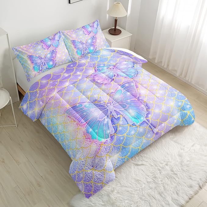 CVHOUSE Butterfly Comforter Set Full Size,Rainbow Mermaid Butterfliy Bedding Set for Kids Girls,Rainbow Mermaid Butterflies Quilt Set Butterfly Duvet Set Girl's Bedroom Decor 3 Pieces