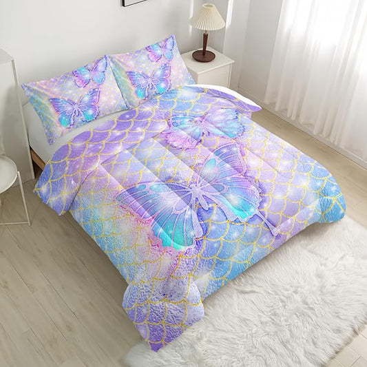 CVHOUSE Butterfly Comforter Set Queen Size,Rainbow Mermaid Butterfliy Bedding Set for Kids Girls,Rainbow Mermaid Butterflies Quilt Set Butterfly Duvet Set Girl's Bedroom Decor 3 Pieces, Eebttaf075
