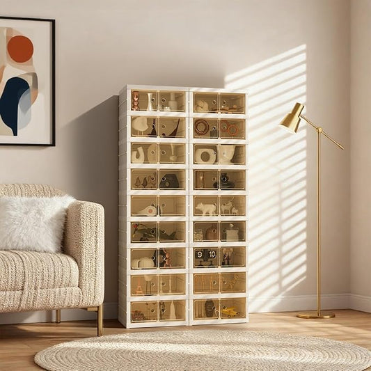 Foldable Shoe Organizer Storage Box Set of 2, Portable Extra Large Folding Shoe Rack for Closet, Shoe Storage Box with Magnetic Transparent Door and Wheels, 9 Layers 18 Grids