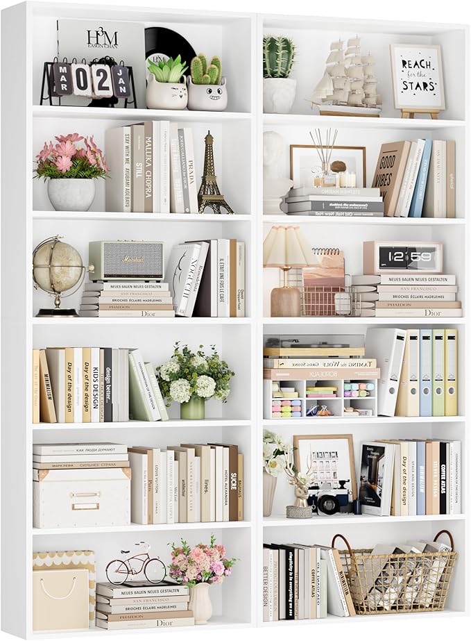 FOTOSOK 6-Tier Open Bookcase and Bookshelf Set of 2, Freestanding Display Storage Shelves Tall Bookcase for Bedroom, Living Room and Office, White