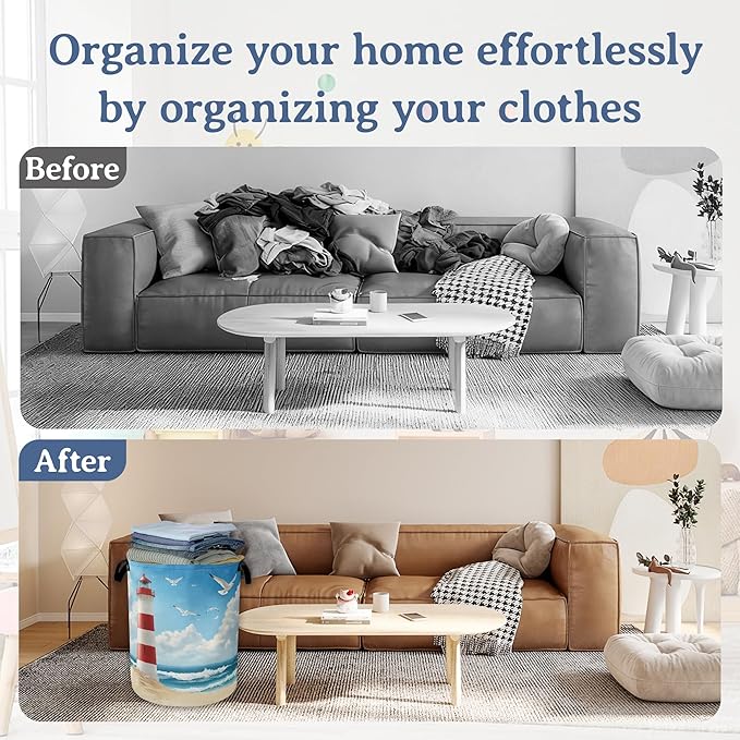 Lighthouse On The Beach Laundry Basket,Foldable Oxford Cloth Laundry Hamper With Handle, 20.8"x16" Portable Clothes Storage Basket Bag for Laundry Room/Bathroom/Bedroom/Dormitories