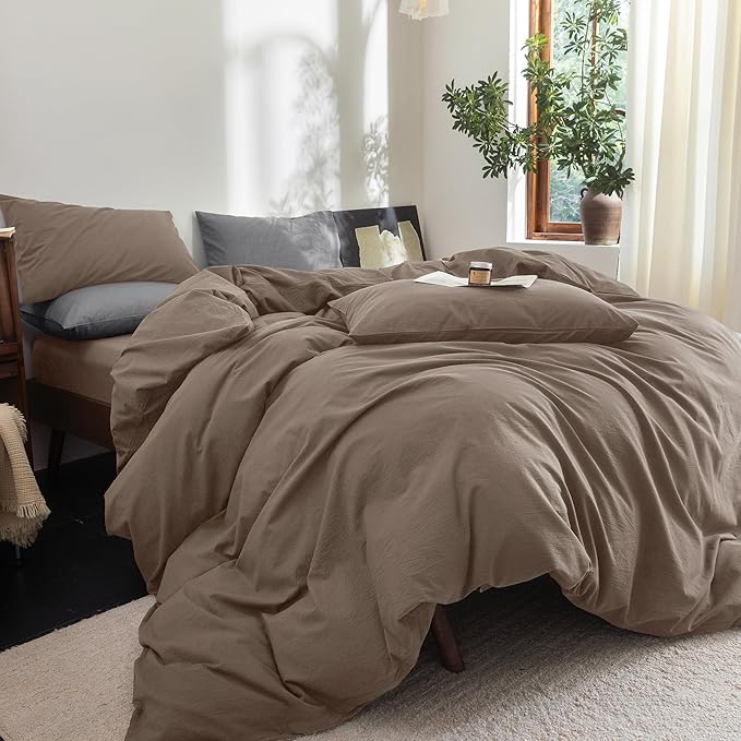 FOSSA Duvet Cover Set 100% Washed Cotton Linen Feel Super Soft Breathable Cozy 3 Pieces Bedding Sets Solid Pale Brown Queen