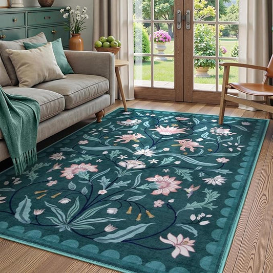 Lahome Boho Floral Washable Dark Teal 5x7 Area Rugs for Living Room, Non Slip Rugs for Bedroom, Indoor Ultra-Thin Throw Dining Room Carpet for Under Table Entryway Kitchen Dorm(Dark Teal,5x7)