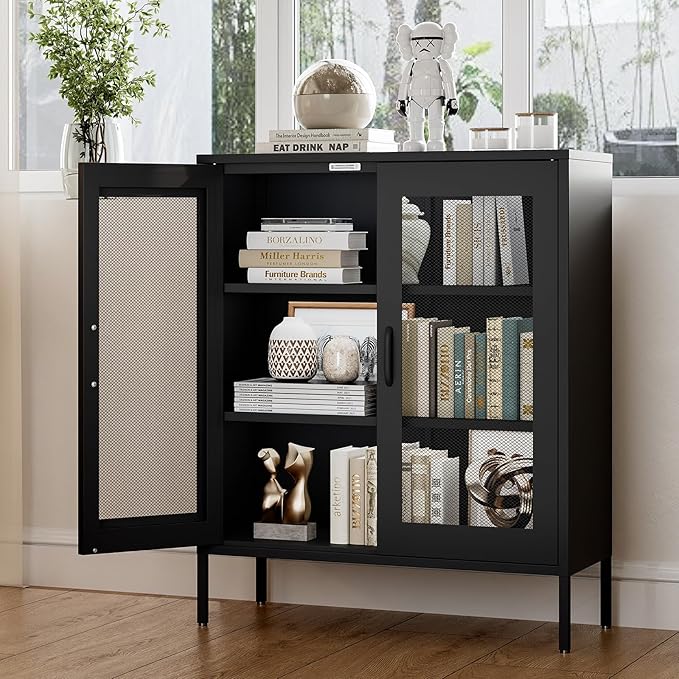 Bathroom Floor Storage Cabinet,40" H Metal Locker, Small Black Cabinets with 2 Adjustable Shelves & 4 Doors,Freestanding Sideboard,Pantry Food Cabinet for Hallway,Home Office, Kitchen