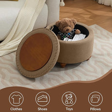 24Inch Round Storage Ottoman with Tray, Modern Tufted Fabric Circle Coffee Table with Storage, Upholstered Ottoman with Removable Top for Living Room, Bedroom, Brown