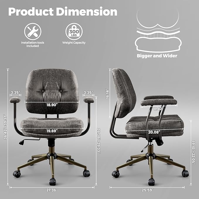 ovios Ergonomic Office Chair, Mid Back Faux Leather Executive Chairs with Thick Cushion, Comfy Mid-Century Modern Swivel Rolling Computer Armchair (Dark Grey, Suede Leather)