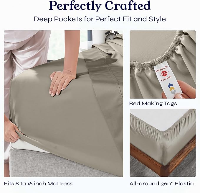 California Design Den Queen Sheet Set - Soft 400 Thread Count Sateen, Natural 100% Cotton Sheets for Queen Size Bed, Deep Pockets for a Snug Fit, Durable Bedding - Taupe