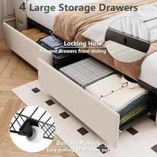 Queen Bed Frame with 4 Drawers and Storage Headboard, Upholstered Platform Bed Frame Queen Size with Led Lights and Handy Charging Station, No Box Spring Needed, Easy Assembly, Noise Free, Beige