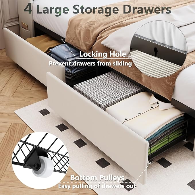 Queen Bed Frame with 4 Drawers and Storage Headboard, Upholstered Platform Bed Frame Queen Size with Led Lights and Handy Charging Station, No Box Spring Needed, Easy Assembly, Noise Free, Beige