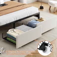 Queen Size Bed Frames with Storage Headboard and 2 Drawers, Upholstered Platform Bed Frame Queen with Led Lights and Handy Charging Station, No Box Spring Needed, Easy Assembly, Noise Free, Beige