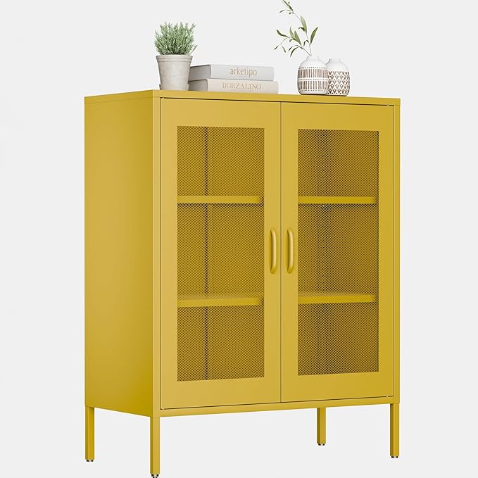40"H Yellow Metal Cabinet,Locker Storage Cabinet,Bathroom Floor Storage Cabinet,Small Yellow Cabinets with 4 Doors,Freestanding Sideboard,Pantry Food Cabinet for Hallway,Home Office, Kitchen