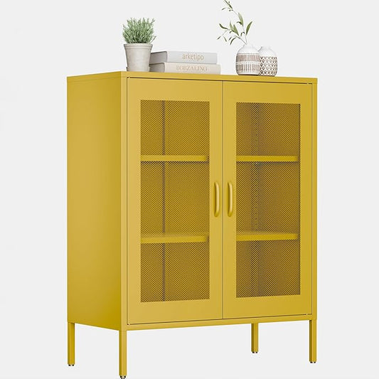 40"H Yellow Metal Cabinet,Locker Storage Cabinet,Bathroom Floor Storage Cabinet,Small Yellow Cabinets with 4 Doors,Freestanding Sideboard,Pantry Food Cabinet for Hallway,Home Office, Kitchen