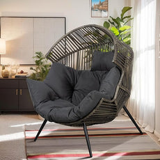 Vongrasig Comfy Wicker Egg Chair, Soft Thick Cushion Rattan Lounge Chair, High Capacity Steel Frame, Reading Chair for Living Room, Bedroom, Dorm Rooms (Black/Rattan)