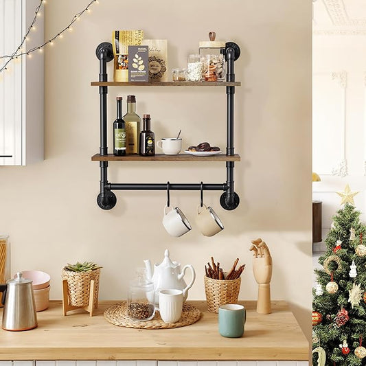 Merapi 24" Industrial Floating Shelves with Tower Bar, Pipe Shelves for Wall, 2 Tier Rustic Wood Wall Shelves for Home Décor, Bedroom, Living Room, Bathroom…