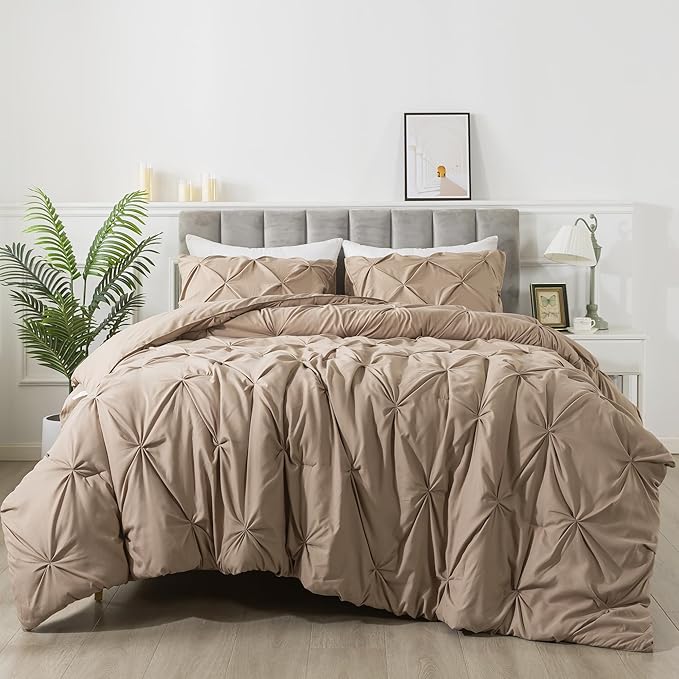 Andency Taupe Comforter Set King, 3 Pieces Stylish Pinch Pleat Bedding Comforters & Sets, Lightweight Soft Boho Bed Set for Adults (104x90Inch)