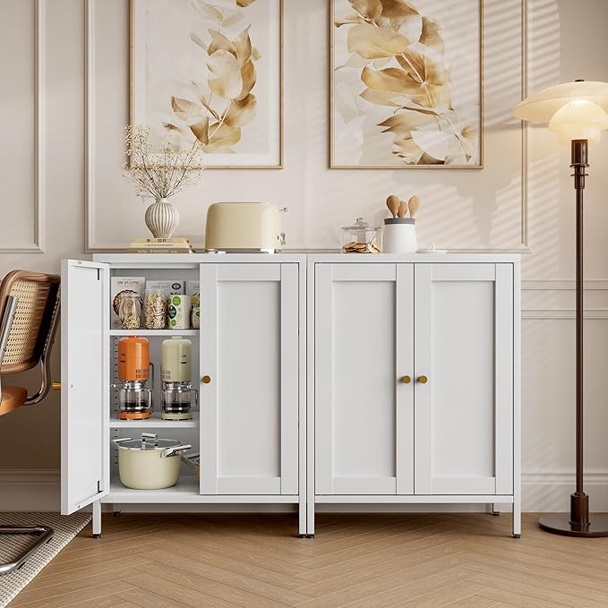 31.5"H Metal Bathroom Cabinet,Short Bathroom Storage Cabinet with Doors,Floor Locker,White Small Cabinets with 2 Adjustable Shelves & 4 Doors,Pantry Food Cabinet for Hallway,Home Office, Kitchen