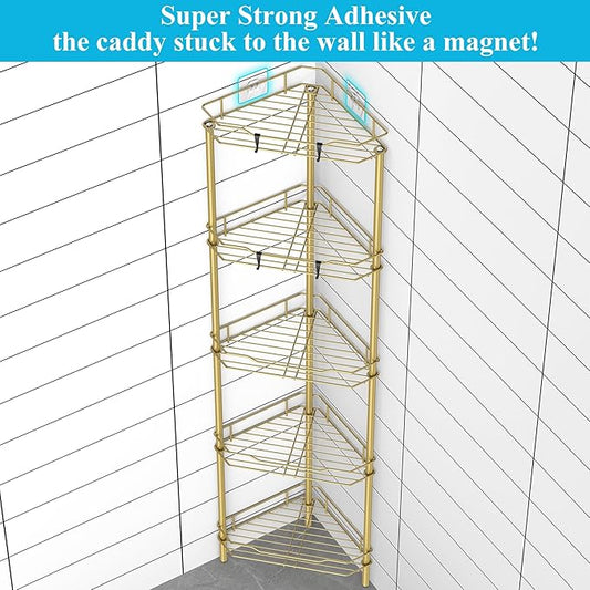 5 Tier Floor Standing Corner Shower Caddy Organizer Shelf with Hooks, Bathroom Shelves Stand Rack, Gold