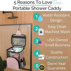 College Dorm Room Essentials for Girls - Original Shower Caddy Dorm - Portable, Durable, Roomy, Foldable Water Resistant Shower Bag in Light Pink with Metal Hook for Hanging (Blush Pink)