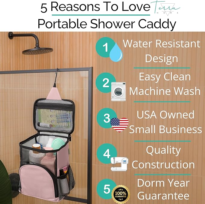 College Dorm Room Essentials for Girls - Original Shower Caddy Dorm - Portable, Durable, Roomy, Foldable Water Resistant Shower Bag in Light Pink with Metal Hook for Hanging (Blush Pink)