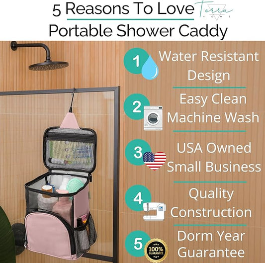 College Dorm Room Essentials for Girls - Original Shower Caddy Dorm - Portable, Durable, Roomy, Foldable Water Resistant Shower Bag in Light Pink with Metal Hook for Hanging (Blush Pink)