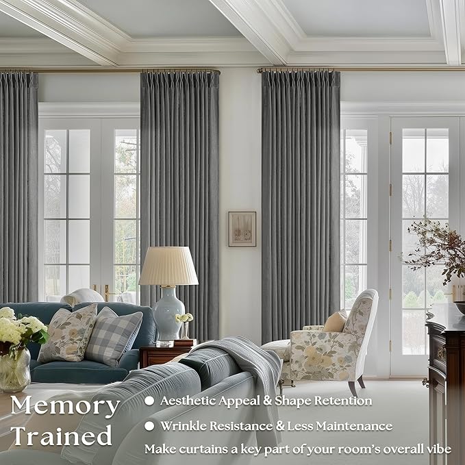 Charcoal Grey Pinch Pleated Linen Curtains 108 Inches Long for Living Room 2 Panels Set Flax Double Pleated Drapes Back Tab Farmhouse Neutral Ceiling Floor 108 Inch Window Curtains Bedroom Dark Grey