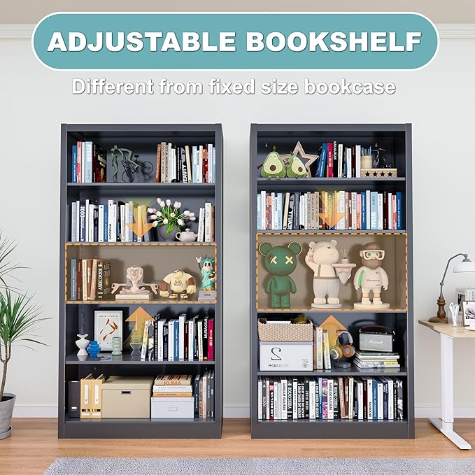 Bookcase,5 Tier Black Bookshelves,55" Tall Free Standing Metal Bookcase with Adjustable Storage Shelves, Industrial Wide Bookshelf for Bedroom Living Room Home Office School (Black)