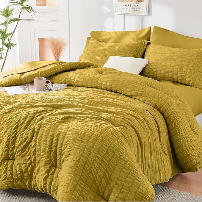 HYMOKEGE Mustard Yellow Queen Comforter Set Seersucker 7 Pieces, All Season Luxury Bed in a Bag Queen for Bedroom, Bedding Set with Comforter, Sheets, Pillowcases & Shams