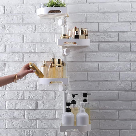 4-Tier Corner Shower Caddy Tension Pole Organizer - Adjustable Rustproof Metal Tension Pole, Plastic Shelves with Safety Guardrail, Bathroom Storage for Shower & Bathtub(White)