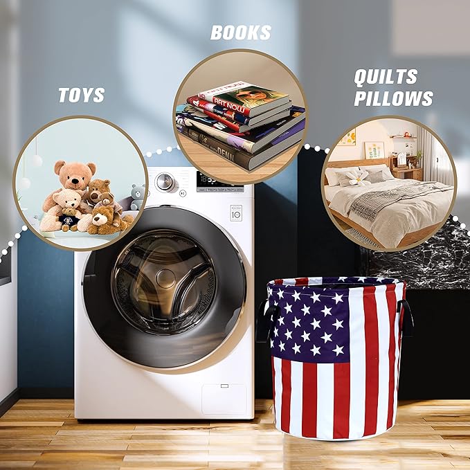 American Flag Laundry Basket Foldable Oxford Cloth Funny Tote Bag Laundry Hamper Clothes Storage Bucket Organizer For Bathroom/Laundry Storage/Bedroom Storage Basket 17.7x13.7 Inch