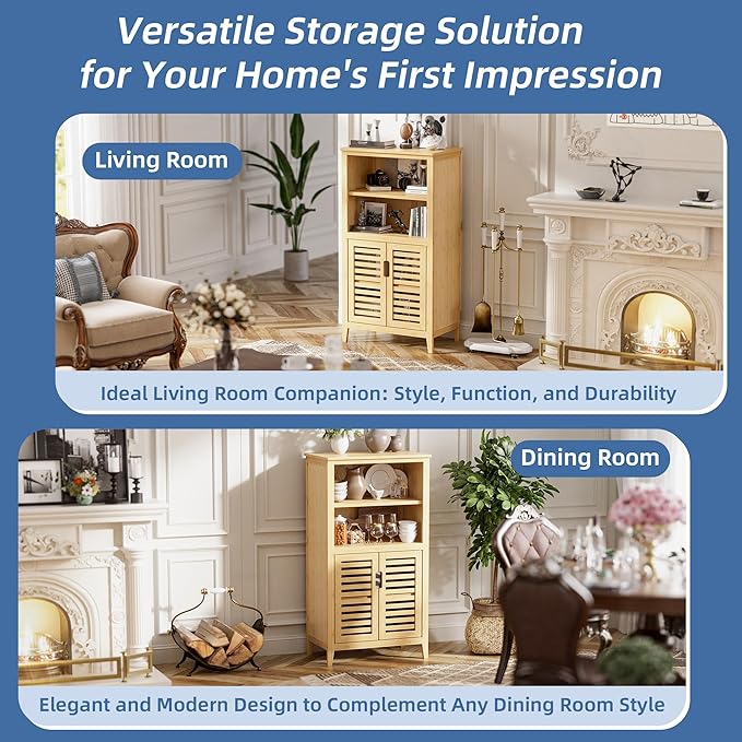 HITNET Bathroom Cabinet Freestanding, Bamboo Storage Cabinet 5-Tier Floor Cupboard with Door and Shelf for Bathroom, Kitchen, Hallway, Natural