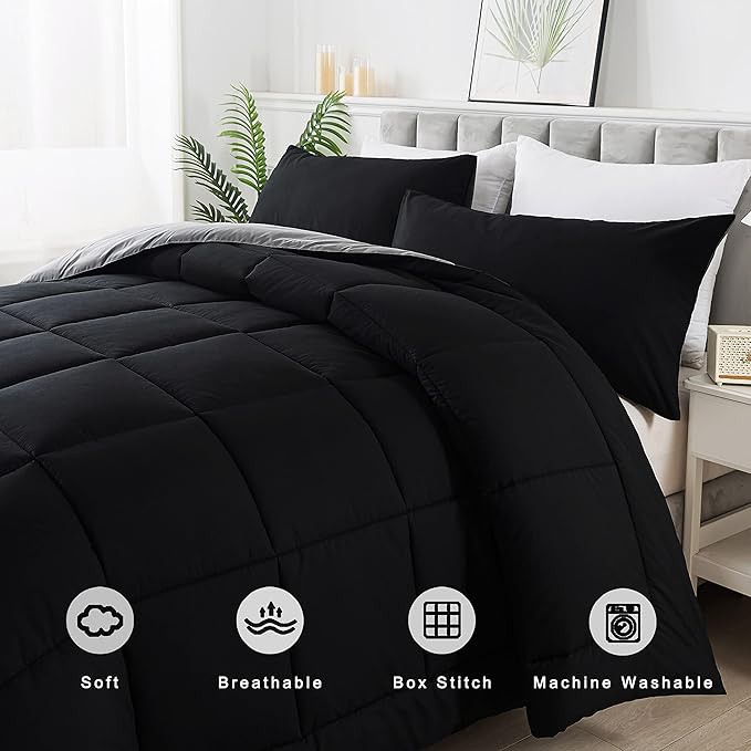 DOWNCOOL Queen Comforter Set -All Season Bedding Comforters Sets with 2 Pillow Cases-3 Pieces Bedding Sets Queen -Down Alternative Black/Grey Queen Size Comforter Sets(88"x92")