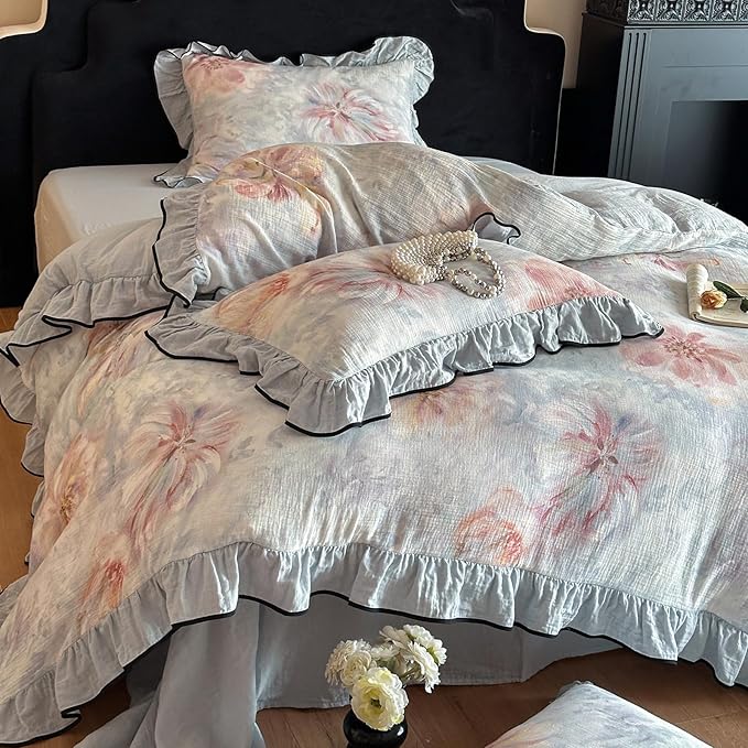 HighBuy Girl Floral Linen Duvet Cover Queen,Boho Floral Blue Coquette Bedding with Ruffle Lace,Yarn-Dyed Textured Duvet Cover Set French Farmhouse Bedding Cooling Breathable for Hot Sleepers