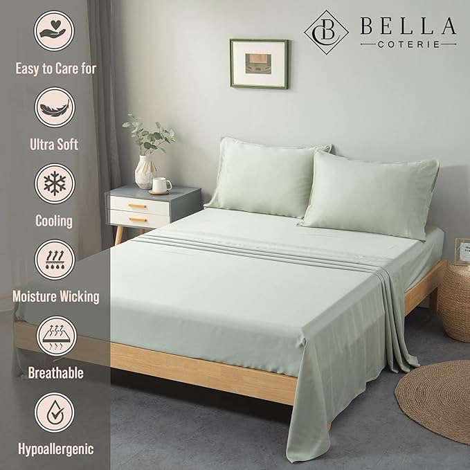 Bella Coterie Luxury Bamboo Viscose Full Size Sheet Set | 100% Organically Grown | Ultra Soft | Cooling for Hot Sleepers | 18" Deep Pocket [Sea Glass] BC