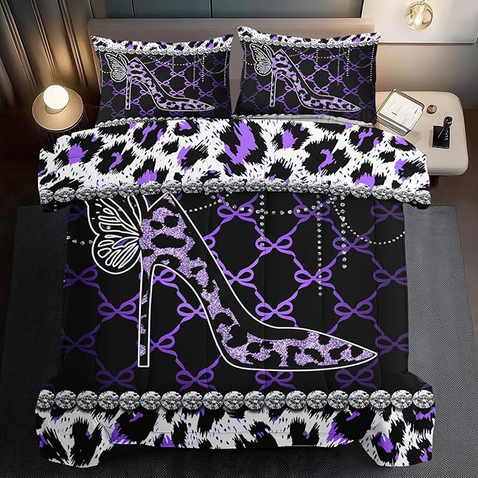 Purple Cheetah Print Comforter Set Queen Women Sexy High Heels Leopard Print Bedding Set Girls High Heels Leopard Comforter Quilt Animal Bedroom Decor Cheetah Bedding Bed Decor