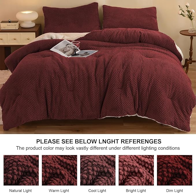 3D Jacquard Design Comforter Set, Ultra-Soft Warm Queen Size Sherpa Fur Plush 3-Pieces Sets Luxury Cozy Bedding with 2 Pillowcases (90"x90", Burgundy)