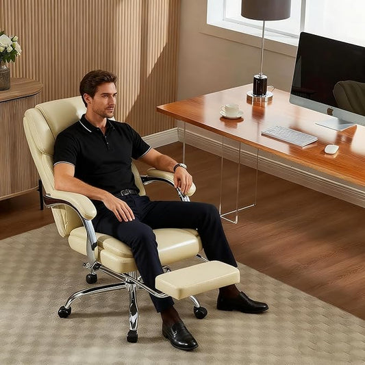 4 Points Massage Office Chair with Footrest 500lbs,Reclining Executive Desk Chair with Vibration Heat for Heavy People,Lumbar Support PU Leather,Adjustable Height Ergonomic (Beige)