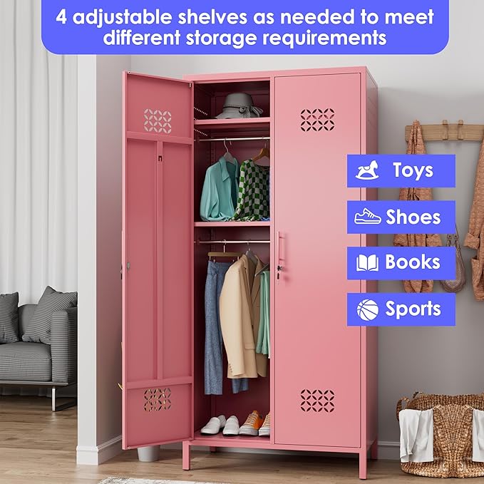 Aobabo Metal Wardrobe Cabinets with Lock, 2 Door Metal Closet with 4 Adjustable Shelves and 2 Hannging Rod, Lockable Locker Cabinet, Storage Locker for Home, Office,Pink, Assembly Required