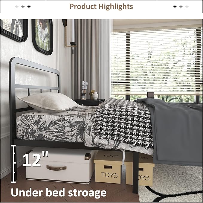 Twin Bed Frames with Headboard and Footboard 14 Inch, Twin Platform Bed Frame with Strong Metal Slats Support, Under-Bed Storage, Noise Free, Easy Assembly, Black
