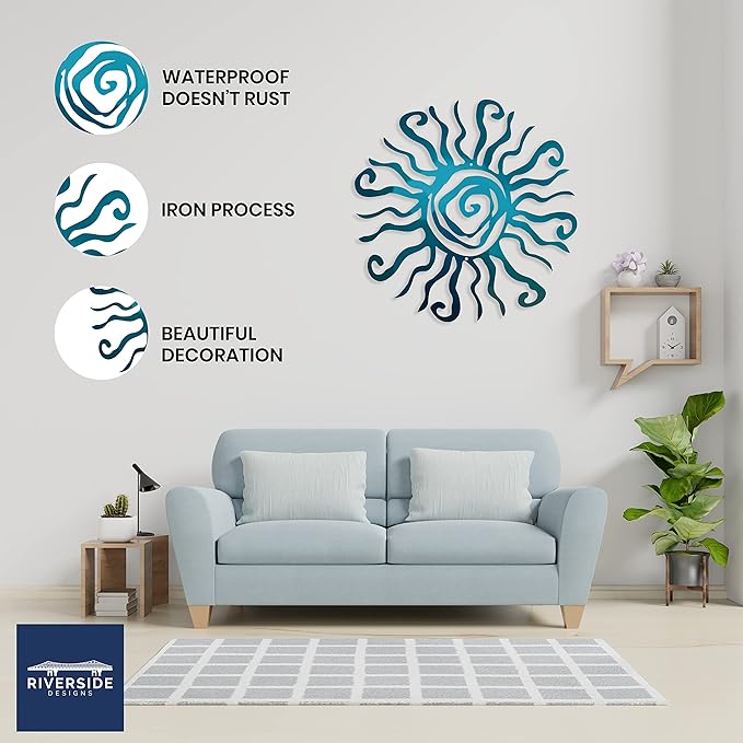 Riverside Designs Wacky Sun Metal Wall Art Indoor/Outdoor Decor - 12" Teal Rust Proof Wall Sculpture - Made in USA - Ideal for Bedroom, Garden, Home, Patio and Farmhouse