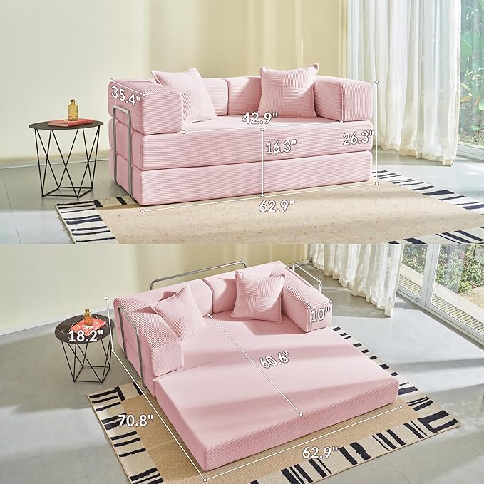 YINIX Foldable Sofa Bed, 62'' Folding Floor Couch, Compressed Convertable Sleeper Sofa, Memory Foam Couch with Pillow Back Support Armrest, 4-in-1 Futon Sofa Bed for Living Room, Pink