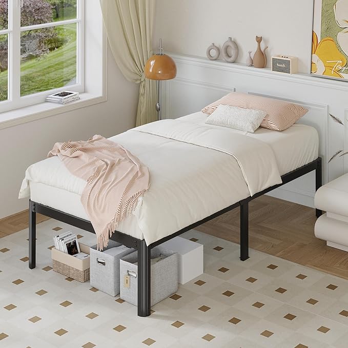 14 Inch Twin XL Bed Frame Heavy Duty Metal Platform Bed Frame Twin XL with Rounded Corner Legs, Noise Free, Easy Assembly, No Box Spring Needed, Black.