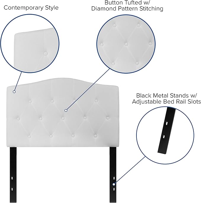 EMMA + OLIVER Twin Size Tufted Upholstered Headboard with Adjustable Metal Bed Rail Slots, Modern Fabric Upholstered Twin Headboard, White