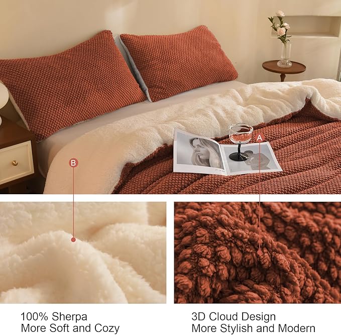 3D Jacquard Design Comforter Set, Ultra-Soft Warm King Size Sherpa Fur Plush 3-Pieces Sets Luxury Cozy Bedding with 2 Pillowcases (104"x90", Burnt Orange)