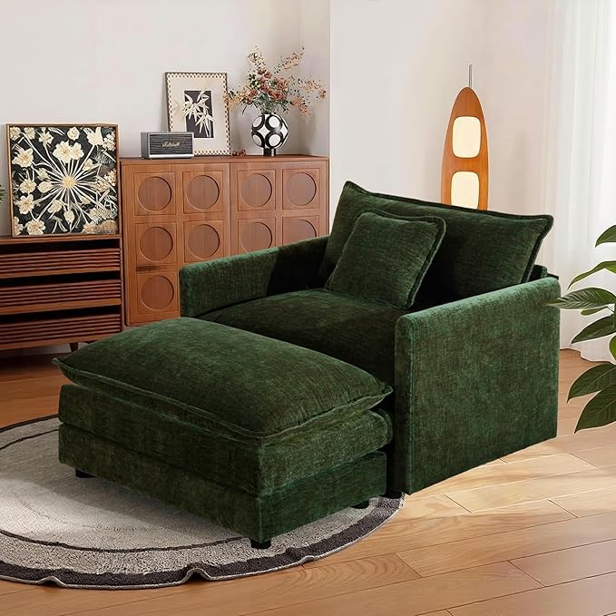 SoarFlash Chenille Sectional Sofa, Comfy Modular Single Sofa with Ottoman, Modern Recliner Deep Seat Sofa Set for Living Room,Green