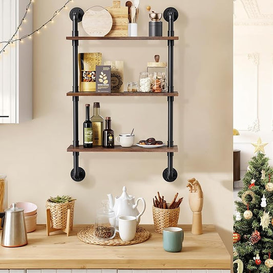 Merapi 24" Industrial Floating Shelves, Pipe Shelves for Wall, 3 Tier Rustic Wood Wall Shelves for Home Décor, Bedroom, Living Room, Bathroom…