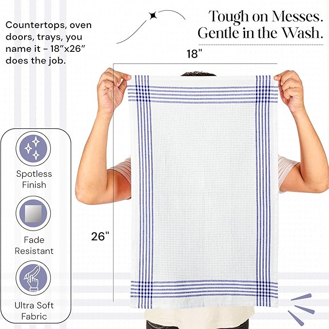 Indigo Blue and White Waffle Kitchen Towels 12 Pack, 16x26 Inch, 100% Cotton, Absorbent & Quick Dry Dish Towels, Soft & Durable Cloths for Cooking, Drying, Cleaning, Machine Washable