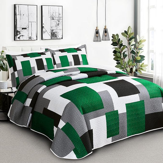 2 Piece Green Quilt Set Twin Size Black Grey White Geometric Reversible Bedding Set Microfiber Lightweight Bedspread Coverlet with 1 Sham Modern Abstract Bed Cover for All Season, 68''x86''