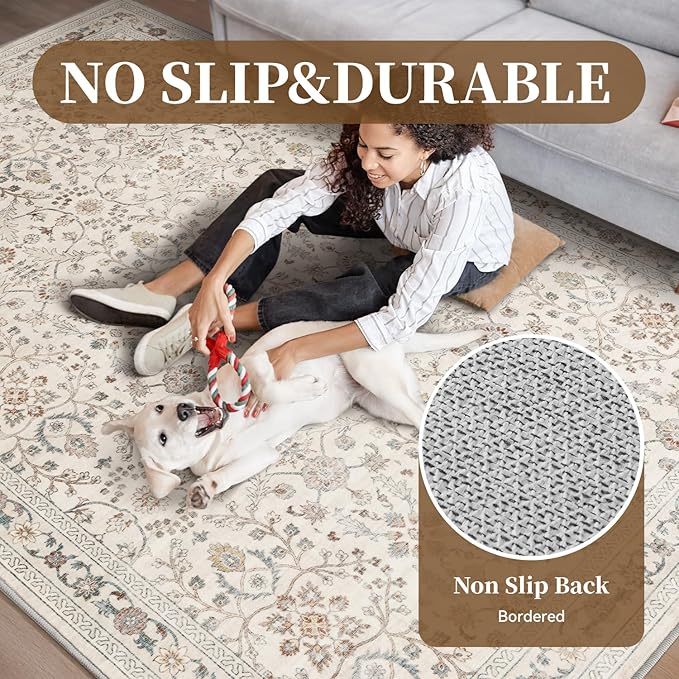 MontVoo-Vintage Area Rug 4X6 Beige Rugs for Living Room-Soft Distressed Printed Rugs for Bedroom-Non Slip Carpet-Machine Washable Rug for Dining Room Living Room Bedside Office