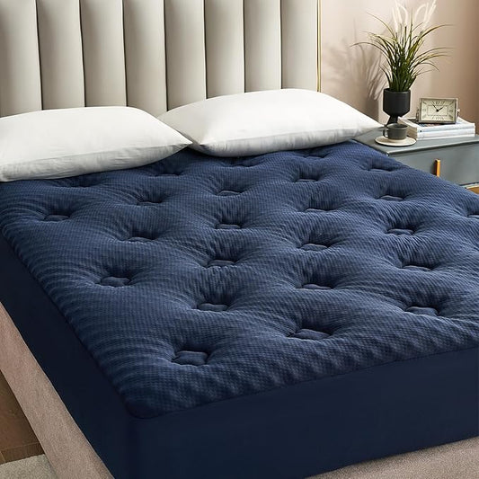 Hansleep Queen Mattress Topper Viscose Derived from Bamboo, Memory Foam Pillow Top Mattress Topper Queen with Deep Pocket, Breathable Mattress Pad for Back Pain Relief, 60" x80", Navy Blue