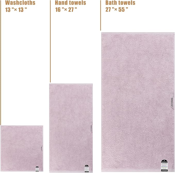 SEMAXE Bath Towel Set, 100% Cotton Absorbent Bathroom Towels with Hanging Loops and Nano-Bio Lifecycle Labels, 8 Piece Towel Set Include 2 Bath Towels, 2 Hand Towels, 4 Washcloths, Purple